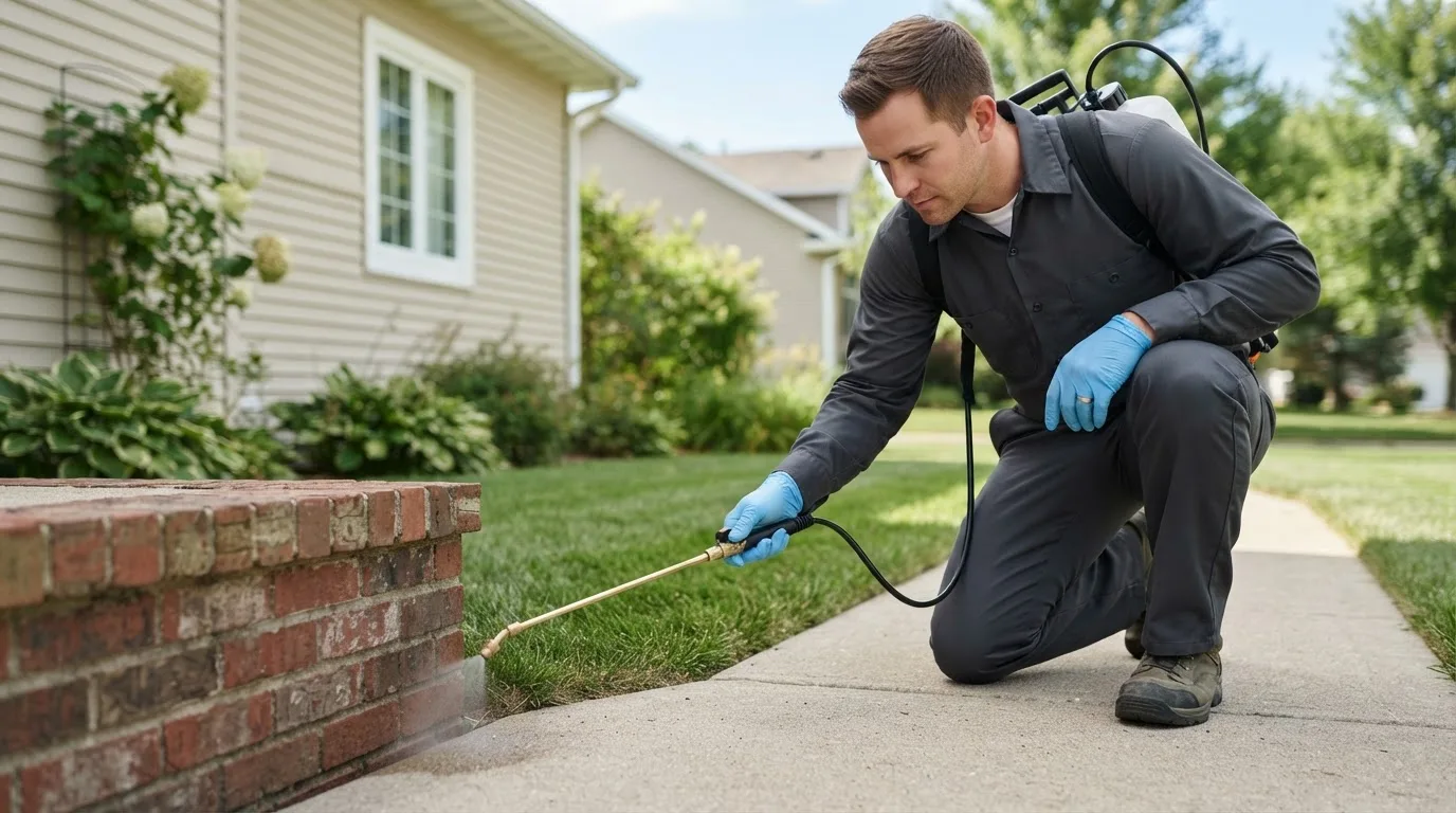 Pest control technician treating a home near Hawarden, IA